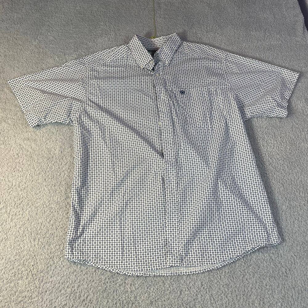 Ariat white button down shirt with blue geometric print mens size XL